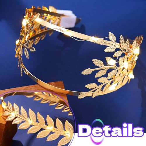 DRESBE Light Up Leaf Headband LED Greek Goddess Headbands Glow Toga Roman Hair Accessories for Women(2pcs) (Gold)