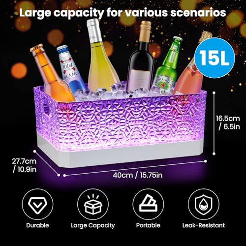 LED Light Up Plastic ice buckets for parties 15L large Clear beverage tub 7-color LED light ice buckets For Champagne Beer...