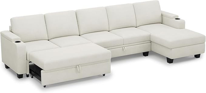 Belffin Modular Sectional Sleeper Sofa Bed with Storage Chaise L Shaped Sectional Couches for Living Room Armrest with Cup Holder. White Couch