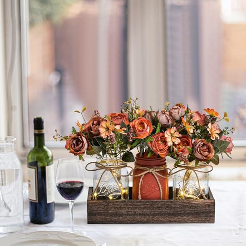 DUOER 3 Pcs Mason Jar Centerpiece Table Decorations for Dining Table Decor Farmhouse Coffee Table Decor with Wood Tray and...