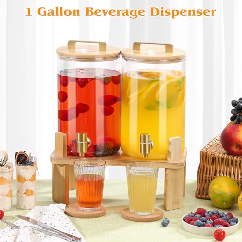 1 Gallon 2 PCS Glass Beverage Dispenser, Drink Dispensers for Parties, Lemonade Dispenser with Airtight Valve and Stainles...