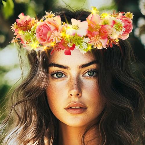 DRESBE Light Up Flower Crown Headband LED Fairy Floral Hair Accessories for Women (Rose)