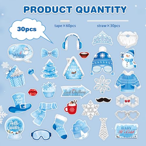 KALEFO 30Pcs Hello Winter Photo Booth Props Winter Wonderland Party Decorations Snowflake Photo Booth Props Kit Wedding Ho...