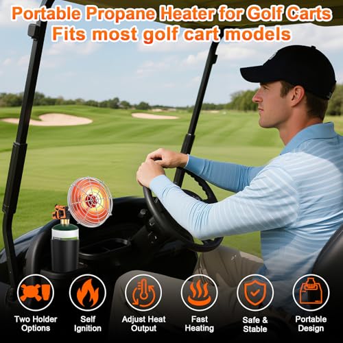 Golf Cart Heater, 2000℉ Portable Propane Heater with Dual Bases, Cup Holder & Foldable Cylinder Stand, for EZGO Yamaha Clu...