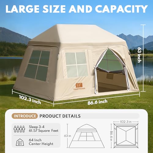 Inflatable Tents for Camping, Blow Up Tent with Hand Pump, 3-4 Person Air Glamping Tent with Canopy, Easy Setup 4 Season O...