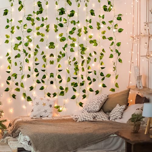 CEWOR 14 Pack 98ft Fake Ivy Vines, Artificial Ivy Garland with 100 LED String Lights, Hanging Plants Greenery Backdrop Gre...