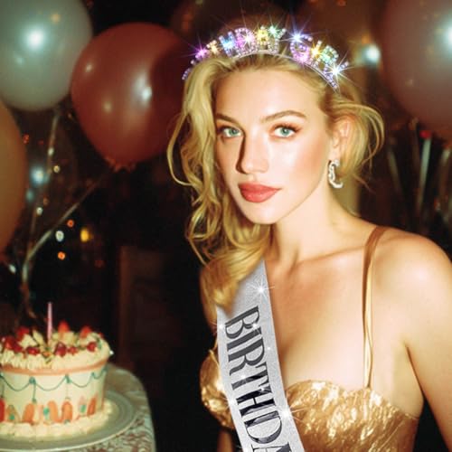 Uranian Light Up Birthday Headbands and Sash LED Rhinestone Halo Crowns Glow Birthday Party Favor Hair Accessories for Women