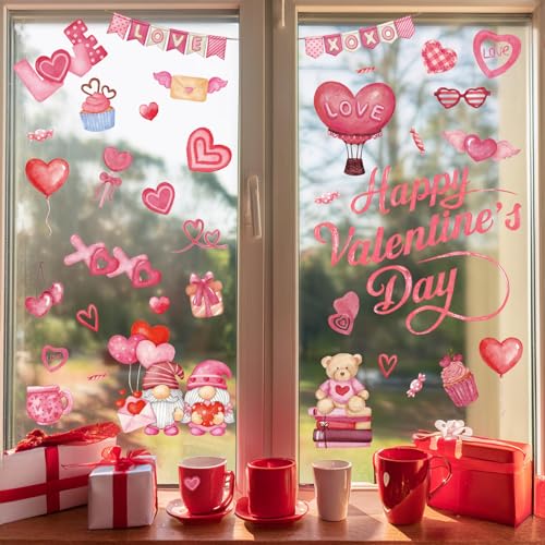 GULWAT 123 PCS Valentines Day Window Clings Decorations, 9 Sheets Red Pink Heart Happy Valentines Window Decals for Home O...