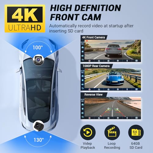 NOVCAPAR 10.26" Wireless Carplay Screen for Car,Portable CarPlay&Android Auto,4K Dash Cam,1080P Backup Camera,Touchscreen ...
