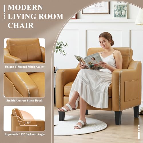 MALOL PU Leather Accent Chair Set of 2, Mid-Century Modern Living Room Armchair Sofa with Removable Cushions, Solid Wood F...