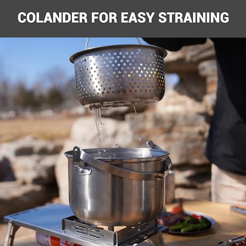 Camping Cookware Set 304 Stainless Steel Campfire Cooking Pots Pan and Kettle with Camping Stove 3 Burner 20400 BTU Propan...