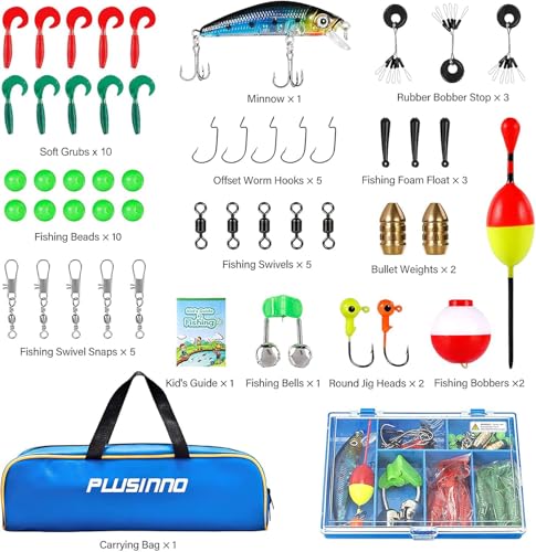 PLUSINNO Kids Fishing Pole with Spincast Reel Telescopic Fishing Rod Combo Full Kits for Boys, Girls, and Adults