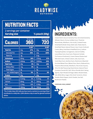 ReadyWise Outdoor Pro Adventure Meal - Beef Stroganoff Pasta with Cream Sauce, 2 Servings, 1 Pouch, 720 Calories, 40g Prot...