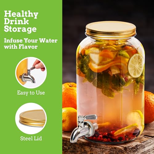 1 Gallon Kombucha Glass Beverage Dispenser with Spigot - Wide-Mouth - Glass Drink Dispenser Parties & Home Use and Lid for...
