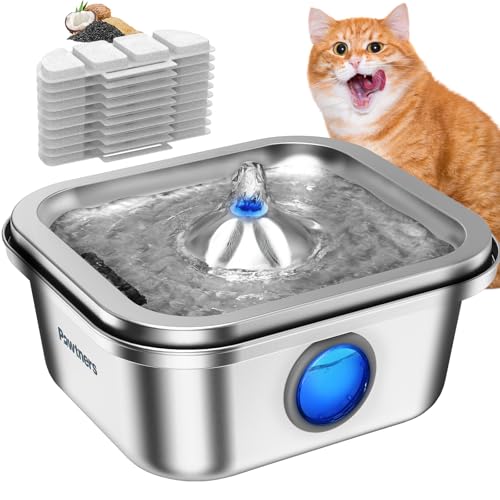 Cat Water Fountain Stainless Steel, 4L/135oz Cat Fountain, Automatic Dog Drinking Dispenser with Water Level Window, 10 Fi...