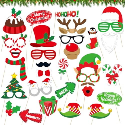 32 Pcs Christmas Photo Booth Props Kit - Merry Christmas Photo Props for Photography, DIY Fun Xmas Photobooth Photoshoot P...