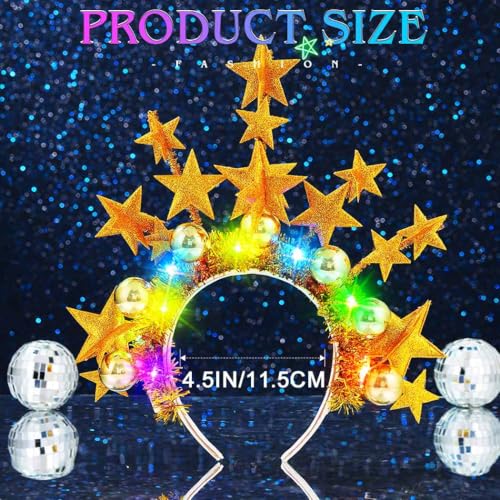 JONKY Light up Star Headband Gold Ball Hair Band Glow Rave Costume Hair Accessories for Women