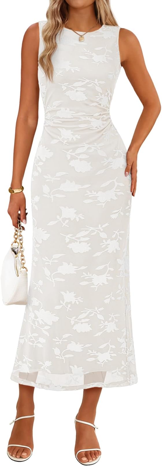 MEROKEETY Women's Summer Sleeveless Floral Maxi Dress 2026 Bodycon Mesh Wedding Guest Cocktail Formal Party Dresses