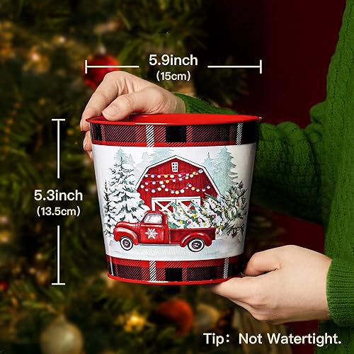 Putuo Decor Christmas Theme Metal Buckets, 5 Pieces Christmas Decorations Round Ice Buckets, Galvanized Small Bucket Pails...
