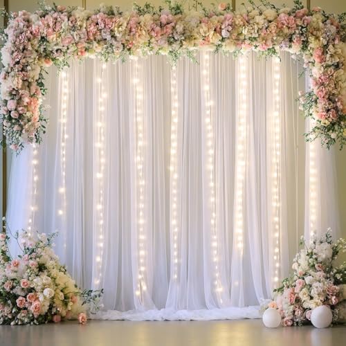 10x10ft White Tulle Backdrop Curtain with Lights String for Parties Wedding Twinkle Sheer Backdrop Curtains for Bridal Sho...