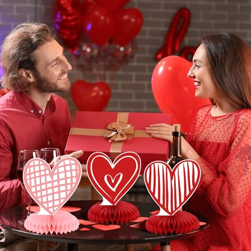 9Pcs Valentine's Day Honeycomb Centerpieces 3D Conversation Heart Tabletop Decorations Red Pink Love Table Topper Centerpi...