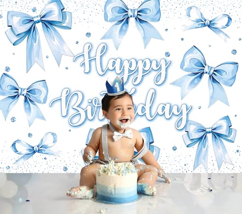 Bow Birthday Backdrop Banner Blue Bow Birthday Glitter Photography Background for Girls Women Bday Party Decorations Baby ...