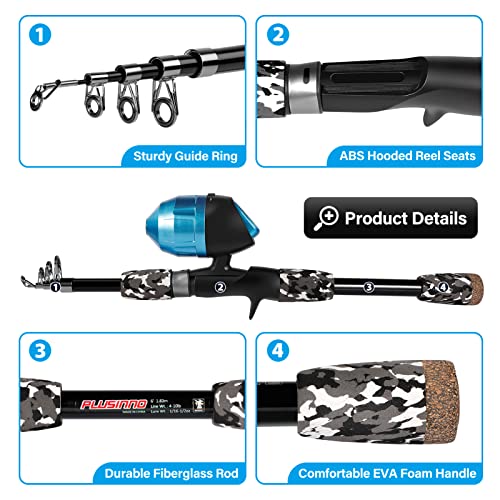 PLUSINNO Kids Fishing Pole with Spincast Reel Telescopic Fishing Rod Combo Full Kits for Boys, Girls, and Adults