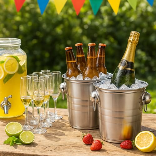 ZENFUN 2 Pack 3 Quart Ice Bucket with Handles, Beverage Tub with Handles, Galvanized Metal Ice Bucket, Drink and Wine Chil...