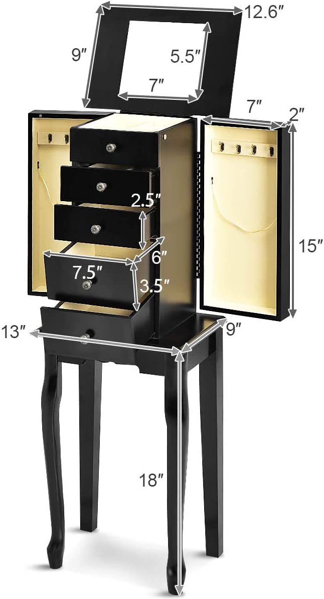 LDAILY LUARANE Jewelry Cabinet Armoire, Jewelry Storage Chest Organizer with 4 Drawers 8 Necklace Hooks Flip Top Mirror, Free Standing Jewelry Box Stand with 2 Side Swing Doors (Black)