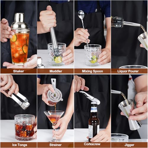 Cocktail Shaker Set,19-Piece Bartender Kit with Stand,Bar Tool Set:Martini Shaker,Jigger,Ice Strainer,Corkscrew,Mixer Spoo...