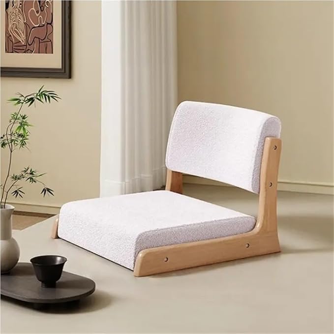 Japanese Style Legless Floor Chair with Back Support, Wooden Tatami Meditation Chair with Cushion, Low Sofa Floor Seat for Living Room, Bedroom, Bay Window(Sherpa 4)