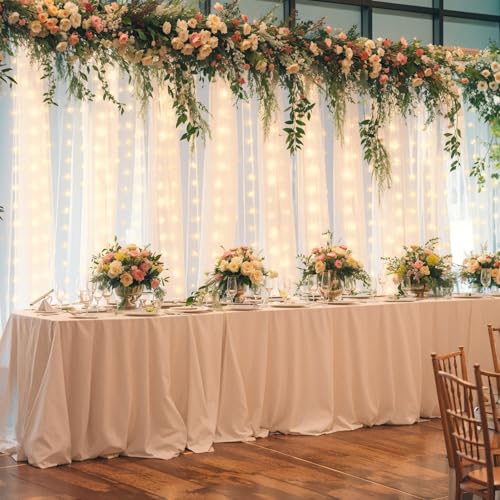 10ft x 10ft White Sheer Tulle Backdrop Curtains with Lights String for Party Wedding Wrinkle Free Curtain Backdrops Drapes...