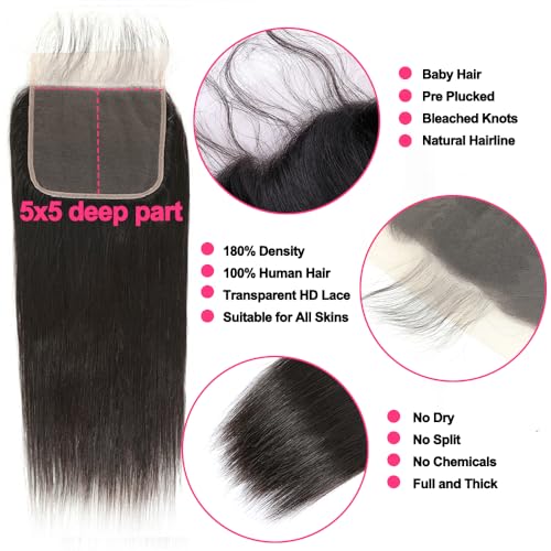 12A Straight Bundles Human Hair with 5x5 Closure 14 16 18+12 Inch Brazilian Human Hair Weave Bundles with 5x5 HD Lace Closure 100% Unprocessed Virgin Hair Extensions