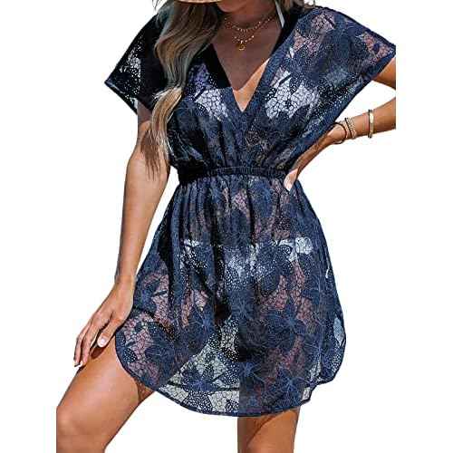 CUPSHE Womens Swimsuit Coverup Sheer Cutout V Neck Beach Dress Short Sleeve Elastic Waist 2025 Summer Outfits