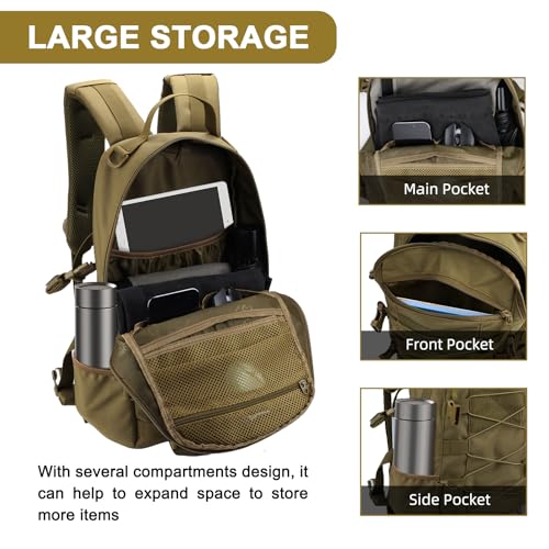25L Hiking Backpack Small Tactical Backpack Daypack Camping Trekking Hunting Molle Pack for Men Women, Khaki