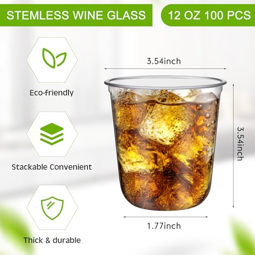 Ziliny Disposable Stemless Glasses 12oz Crystal Plastic Wine Glasses Clear Classic Pet Cup for Meeting Weddings Birthdays ...
