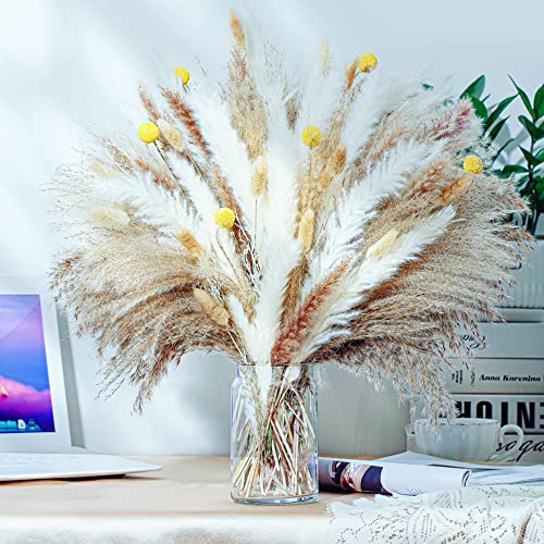 100PCS Natural Dried Pampas Grass Decor - 17.5" Fluffy Pampas Grass Bouquet - Boho Home Decor Dried Flowers for Wedding Fl...