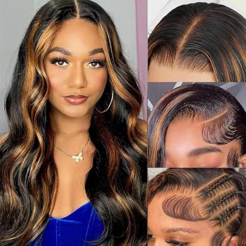 1B/30 Highlight Lace Front Wig Human Hair 13x6 Ombre Lace Front Wig 180% Density Body Wave HD Lace Frontal Wigs Human Hair Colored Balayage Wig for Black Women 22Inch
