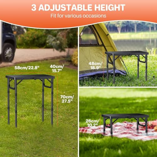 FUNYKICH 2ft Small Folding Camping Table(22.8'' Lx15.7'' W), 3 Height Adjustable Portable Picnic Table, Lightweight Alumin...
