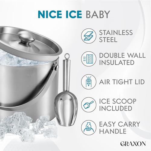 Ice Bucket (3 Liter) Stainless Steel Double Wall Insulated Ice Bucket with Lid & Scoop, Ice Buckets for Parties, Handle, K...