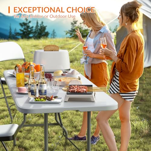 Elevon Folding Table Set with 6 White Folding Chairs,6 Feet Heavy Duty Fold-in-Half Utility Table Sets for Picnic, Event, ...