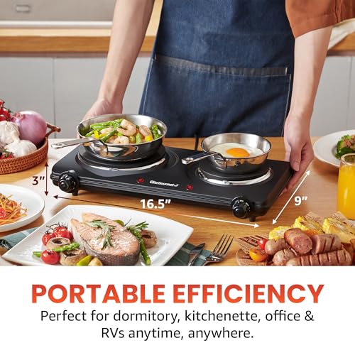 Elite Gourmet EDB-302BF# Countertop Double Cast Iron Burner, 1500 Watts Electric Hot Plate, Temperature Controls, Power In...