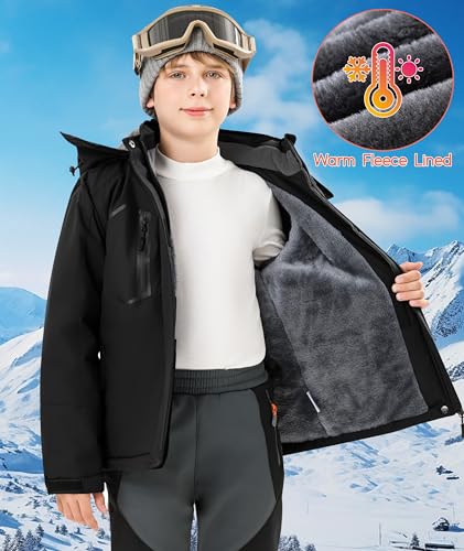 Buyboxs Kids Winter Jackets Warm Fleece Waterproof Snow Jacket with Zipper Pockets Detachable Hood