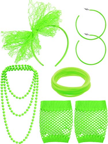 Blulu 80s Costume Accessories for Women Lace Headband Earrings Fishnet Gloves Necklace Bracelet for 80s Retro Party