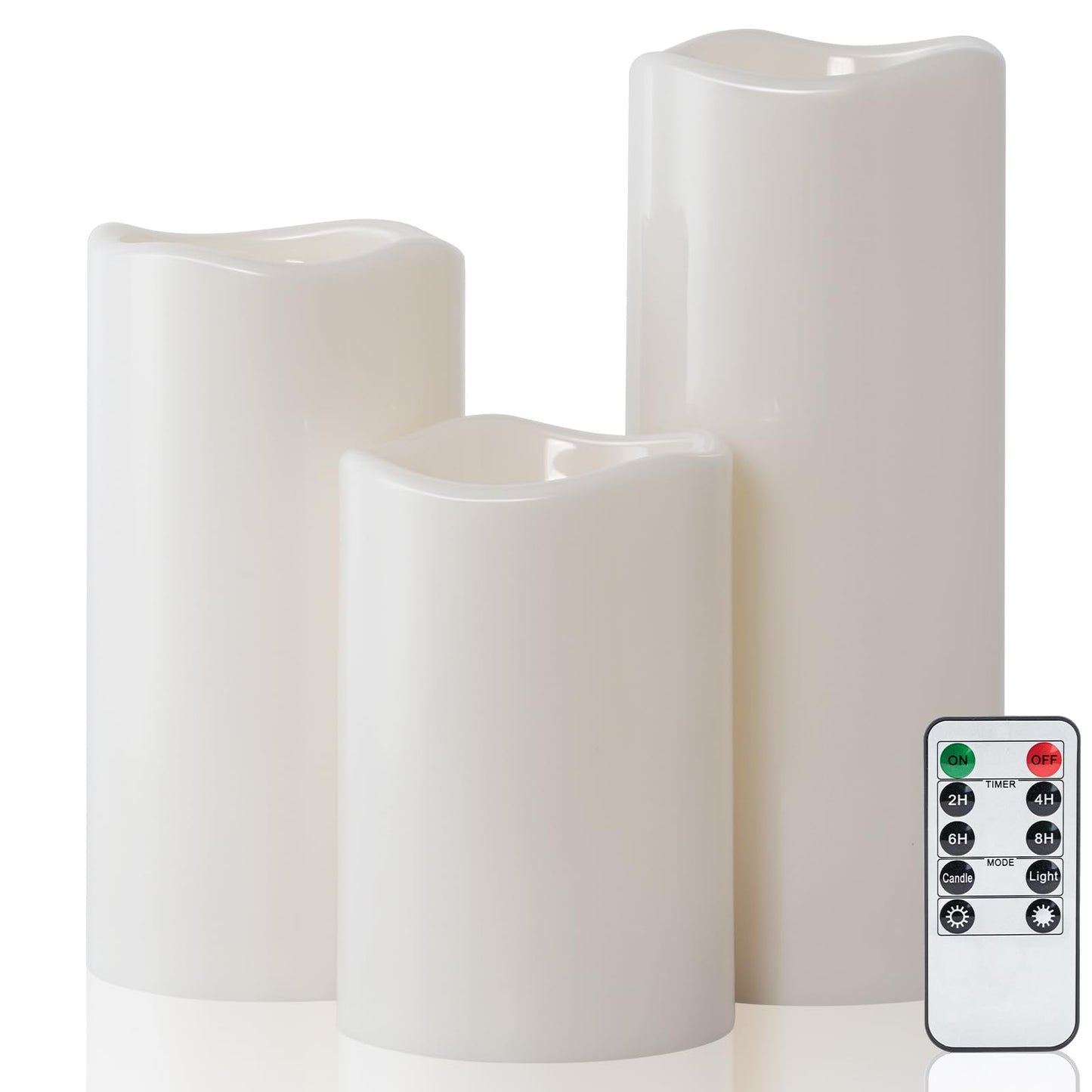 Amagic 3 Pack 4"x 6"8" 10" Outdoor Plastic Electric flameless Candles with Remote Control and Timer, Battery Operated Flickering LED Pillar Fake Candle for Home, Wedding Decor, Ivory