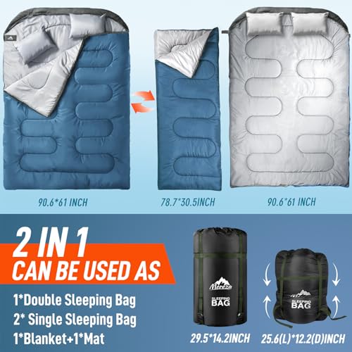 MEREZA Double Sleeping Bag for Adults Mens with Pillow, XL Queen Size Two Person Sleeping Bag for All Season Camping Hikin...