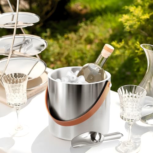 Bakpoco Double-Wall Vacuum Insulated Ice Bucket with Lid, Scoop, Ice Tong, Strainer & Leather Handle Keep Ice Frozen Longe...