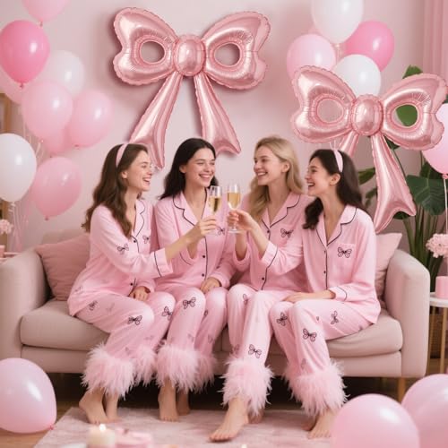 Pink Happy Birthday Balloons, 31”Huge Pink Bow Aluminum Foil Balloons for Girl Woman Birthday, Princess, Coquette Party De...