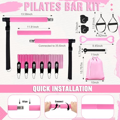 LaRandom Pilates Bar Kit with Resistance Bands Multifunctional Pilates Bar with Metal Adjustment Buckle Portable Storage B...