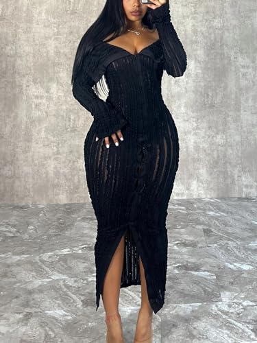 Sexy Button Down Dresses for Women Date Night Off Shoulder See Through Mesh Ruffle Bodycon Maxi Dress